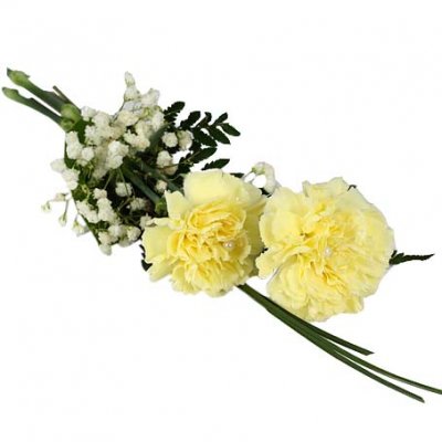 Handbukett med 2 st gula nejlikor med björngräs, brudslöja, läder. Matchande band och pärlnålar.